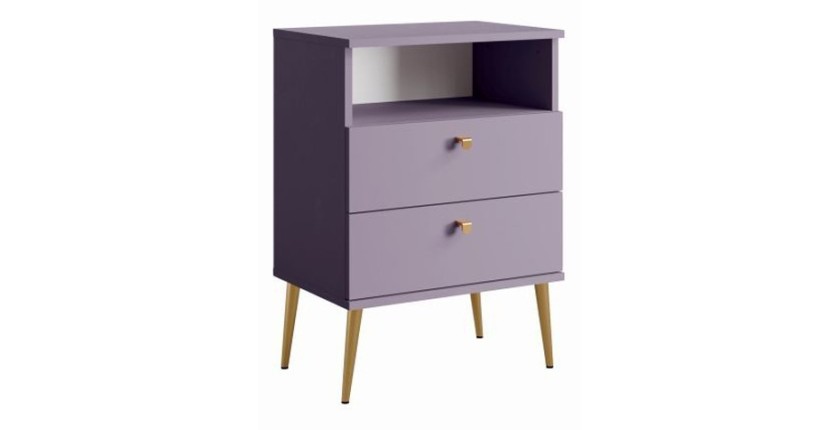 Nachttisch mit 2 Schubladen und Ablagefach - Violett und goldene Metallbeine - Kollektion Aurora