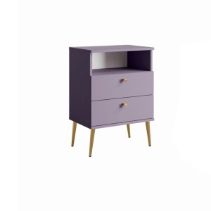 Nachttisch mit 2 Schubladen und Ablagefach - Violett und goldene Metallbeine - Kollektion Aurora