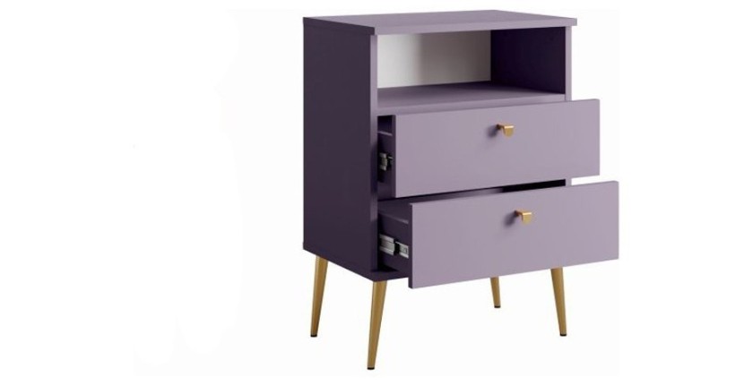 Nachttisch mit 2 Schubladen und Ablagefach - Violett und goldene Metallbeine - Kollektion Aurora
