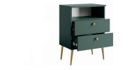 Nachtkastje met 2 Laden en Open Vak - groen en gouden metalen poten - Collectie Aurora