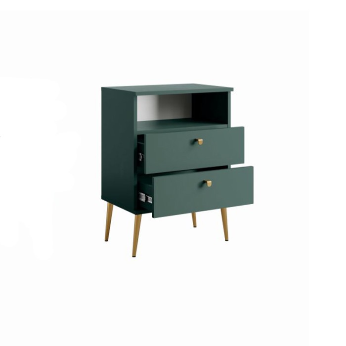 Nachtkastje met 2 Laden en Open Vak - groen en gouden metalen poten - Collectie Aurora