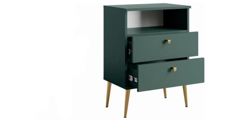 Nachttisch mit 2 Schubladen und Ablagefach - grün mit goldenen Metallfüßen - Kollektion Aurora