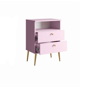 Nachttisch mit 2 Schubladen und Ablagefach - rosa mit goldenen Metallfüßen - Kollektion Aurora