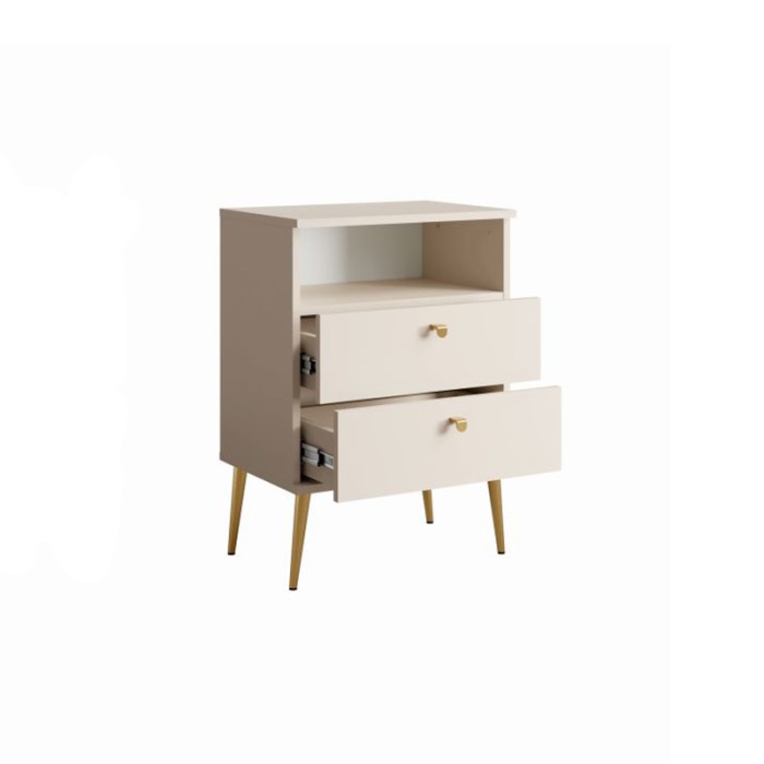 Nachtkastje 2 Laden met Nis - beige en gouden metalen poten - Collectie Aurora