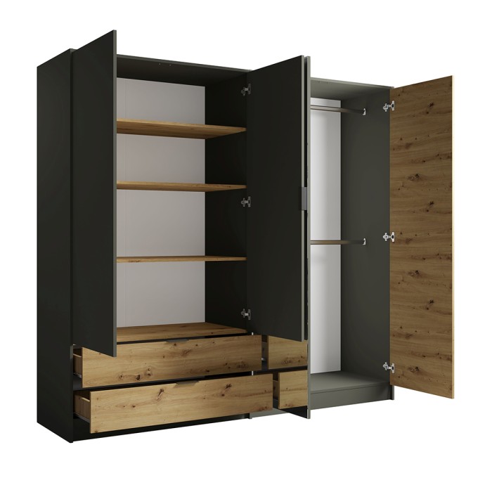 Komplettes Schlafzimmer-Set IZO: Kleiderschrank, Bett 160x200, Kommode, Nachttische, Eiche/anthrazitgrau