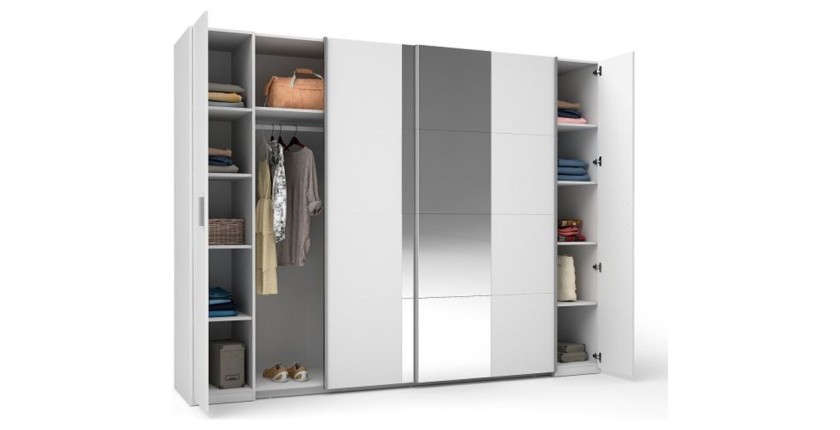 Armoire 4 portes avec miroir STAR – Blanc – Avec penderie – L270 cm