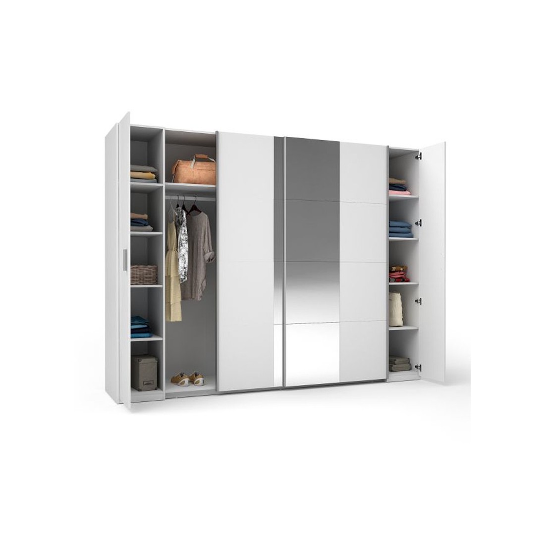 Schrank mit 4 Türen und Spiegel STAR – Weiß – Mit Kleiderstange – L264 cm