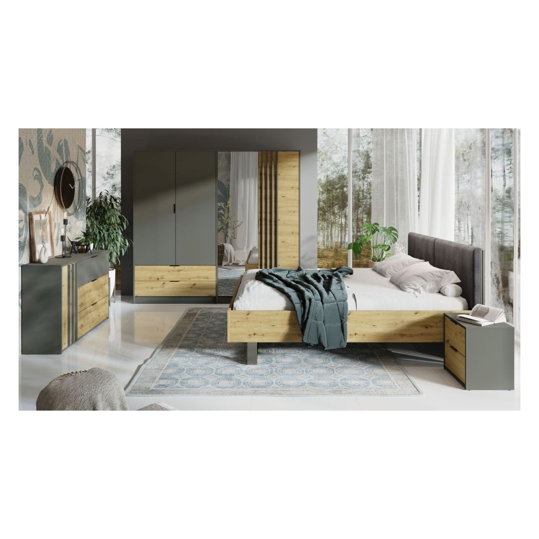 Chambre compléte design IZO : Armoire, lit 180x200, commode, chevets, chêne/gris anthracite