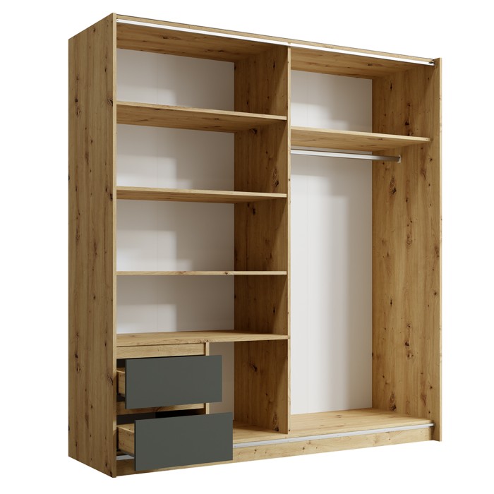 Kast 180cm met 2 schuifdeuren en 2 lades in eiken en antracietgrijs kleur. Collectie ARIELLE