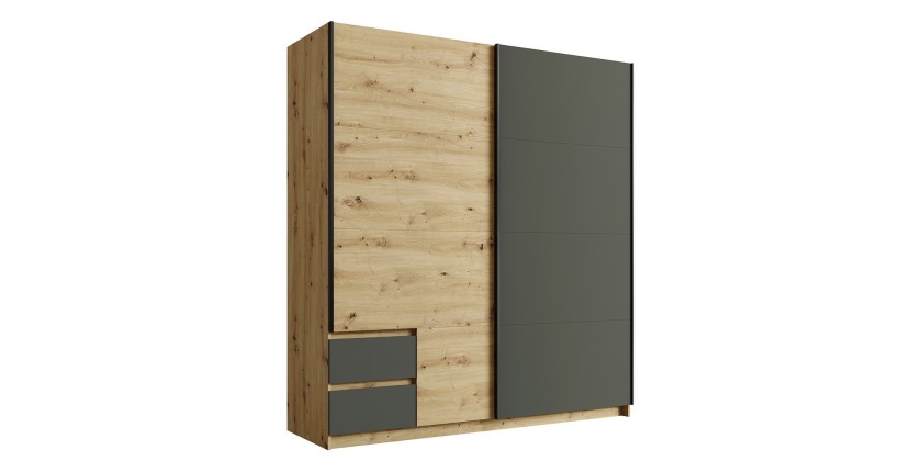 Kleiderschrank 180cm mit 2 Schiebetüren und 2 Schubladen in Eichenfarbe und Anthrazitgrau. Kollektion ARIELLE
