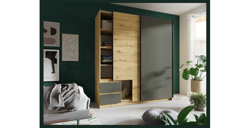 Kledingkast 180cm met 2 schuifdeuren en 2 lades in eiken en antracietgrijs kleur. Collectie ARIELLE