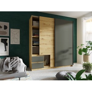 Kledingkast 180cm met 2 schuifdeuren en 2 lades in eiken en antracietgrijs kleur. Collectie ARIELLE