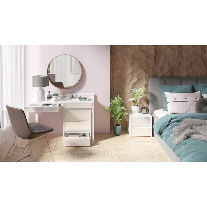 Büro, Design-Frisiertisch mit zwei Schubladen, Kollektion SHERRY, Farbe Weiß, Hochglanz-Finish