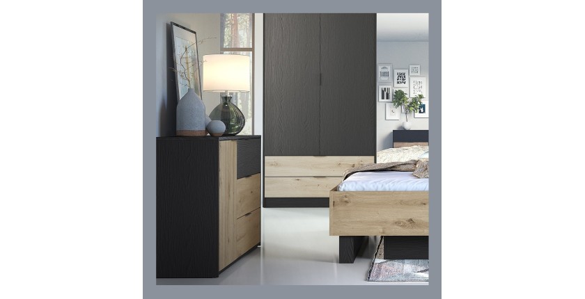 Dressoir MELODY - 3 Laden en 1 Deur - 139x80x35 cm - Grafietzwart en licht eiken