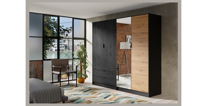 Kleiderschrank ISAC mit 4 Türen - Modernes Design mit Spiegel und 2 Schubladen