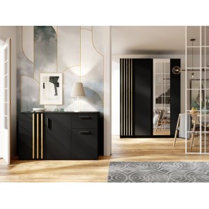 Kommode VARIA - 3 Türen und 1 Schublade - Modernes Design in Schwarz und Eichenholz Artisan