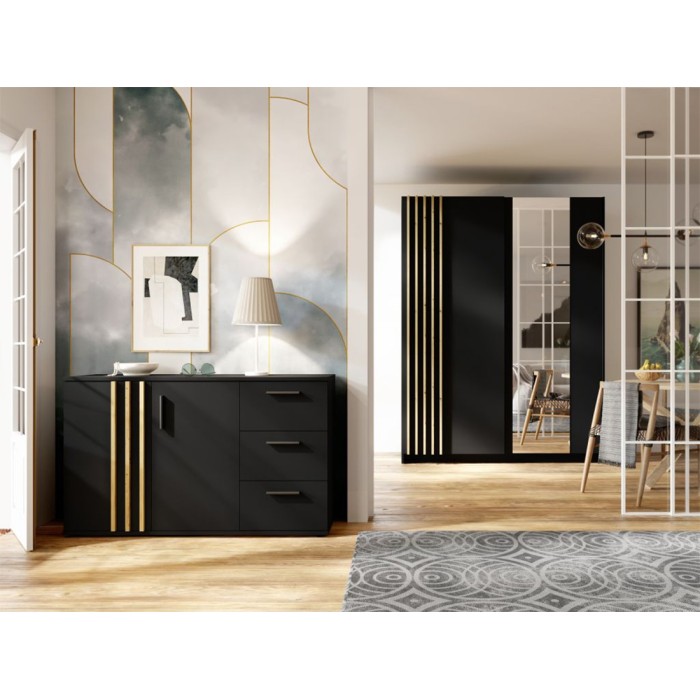 Kommode VARIA - 2 Türen und 3 Schubladen - Modernes Design in Schwarz und Handwerker-Eiche