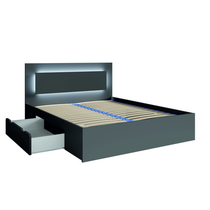 Slaapkamerset NOFI - Bed 160x200 cm met lattenbodem, 2 laden, nachtkastjes, kledingkast en commode - grafietgrijs