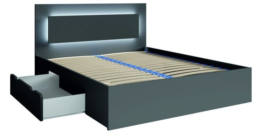 Set camera NOFI - Letto 180x200 cm con doghe, 2 cassetti, comodini, armadio e cassettiera - grigio grafite