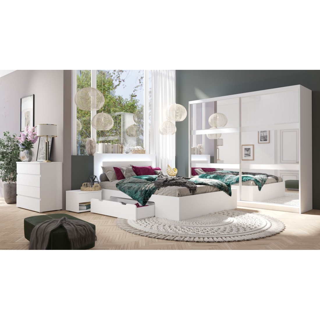 Ensemble chambre NOFI - Lit 180x200 cm avec sommier, 2 tiroirs, chevets, armoire et commode - blanc