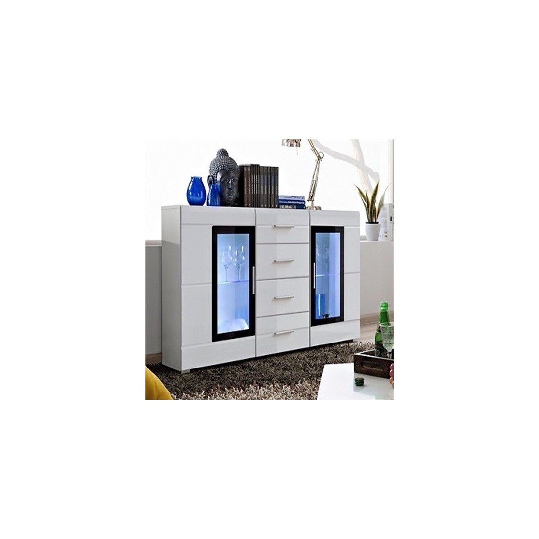 Buffet KRONI avec Éclairage LED - 4 Tiroirs et 2 Portes Vitres - Blanc Mat et Brillant - 150 x 82 x 40 cm