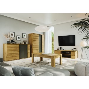 Sideboard mit 3 Schiebetüren ROMI - Farbe Eichenholz und Graphitgrau - 220 x 99 x 55 cm