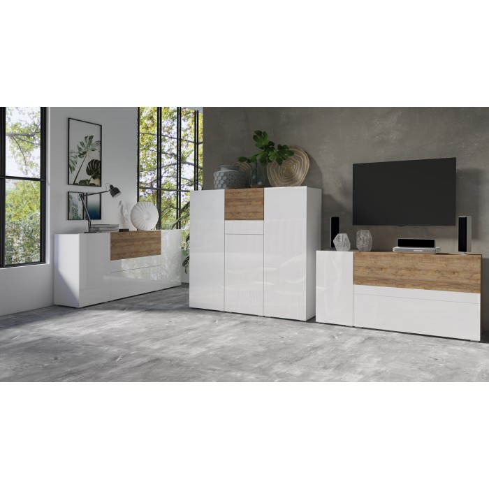 Hoog design buffet RIGA wit en eiken