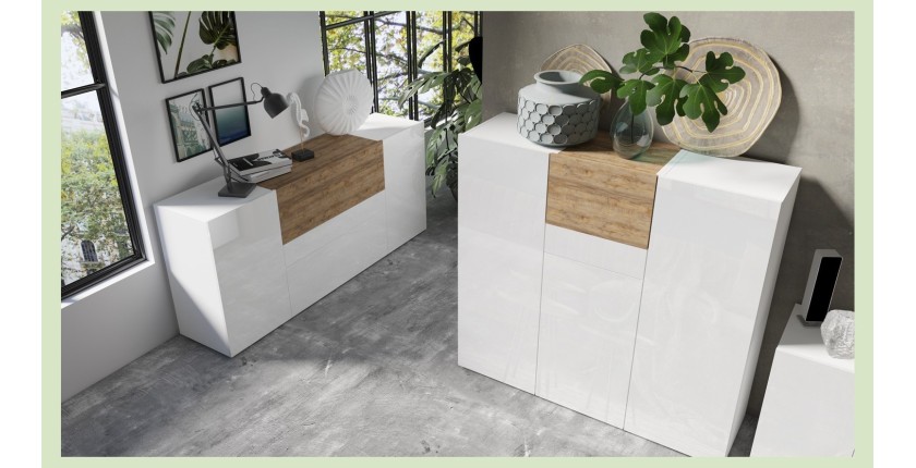 Buffet haut design RIGA blanc et chêne