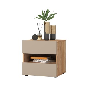 Table de chevet VOX 2 tiroirs et une niche, coloris chêne et beige