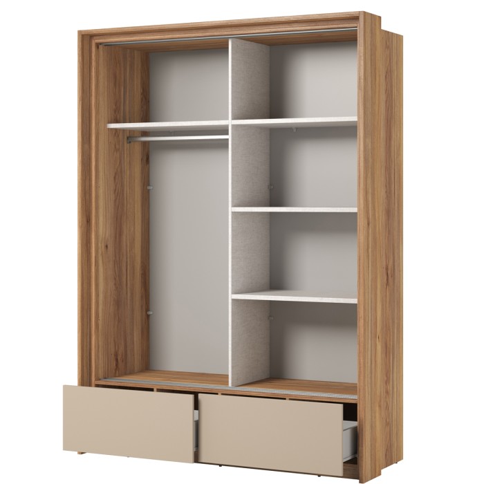 Kast met 2 deuren met spiegels, 2 laden, een kledingroede en 5 planken in eiken en beige kleur – Collectie VOX