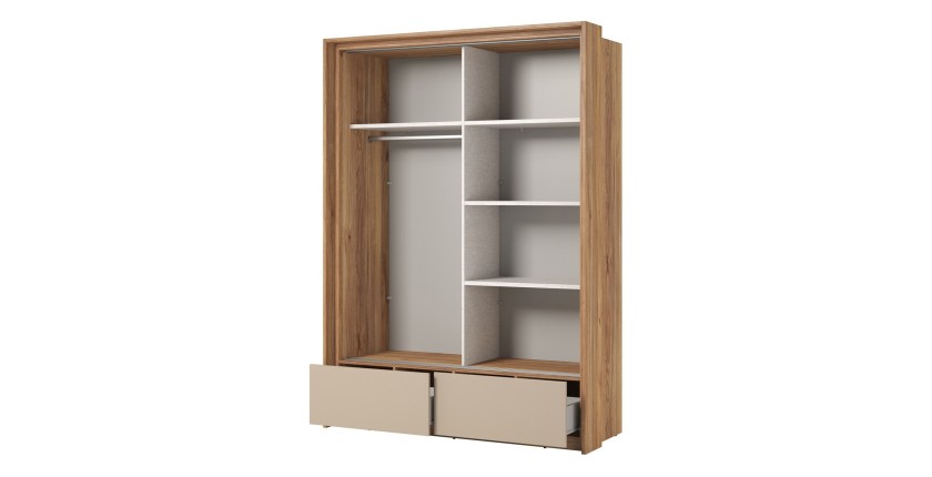 Armoire 2 portes avec miroirs, 2 tiroirs, penderie et 5 étagères coloris chêne et beige – Collection VOX