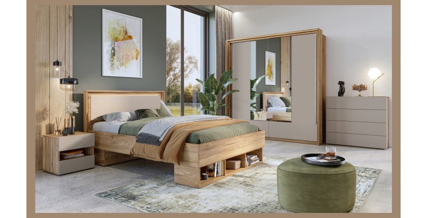 Armoire 2 portes avec miroirs, 2 tiroirs, penderie et 5 étagères coloris chêne et beige – Collection VOX