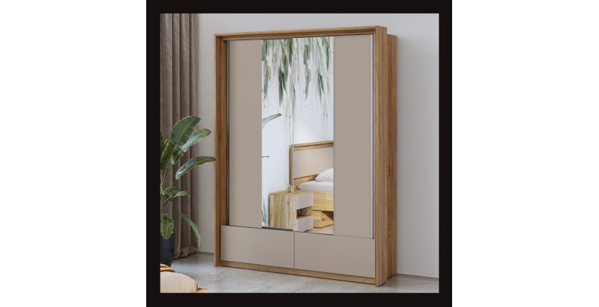 Armoire 2 portes avec miroirs, 2 tiroirs, penderie et 5 étagères coloris chêne et beige
