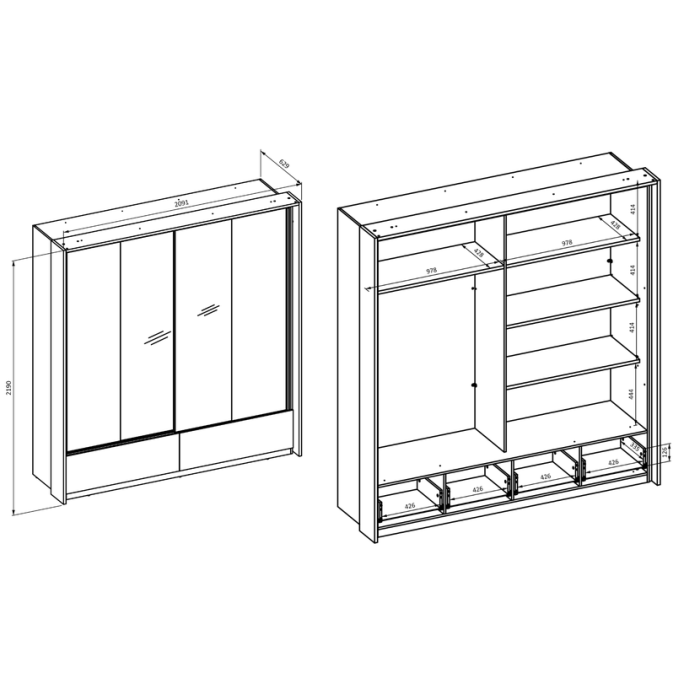 Armadio 2 porte con specchi, 2 cassetti, guardaroba e 5 scaffali color quercia e beige