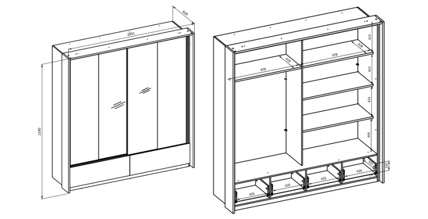 Armoire 2 portes avec miroirs, 2 tiroirs, penderie et 5 étagères coloris chêne et beige
