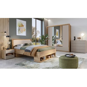 Lit VOX 160x200 – Coloris Chêne et Beige avec 3 niches de rangement