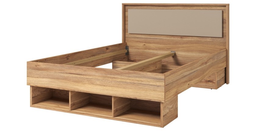 Lit VOX 160x200 – Coloris Chêne et Beige avec 3 niches de rangement