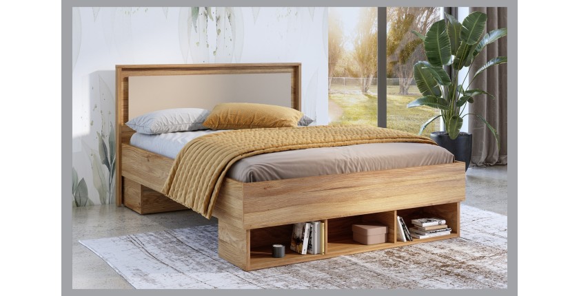 Lit VOX 160x200 – Coloris Chêne et Beige avec 3 niches de rangement
