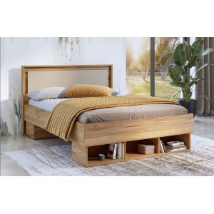 Lit VOX 160x200 – Coloris Chêne et Beige avec 3 niches de rangement