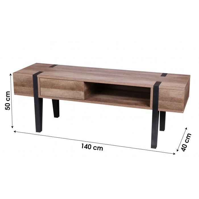 Meuble TV LOVY – Bois avec Pieds en Métal Noir, 1 Tiroir et 1 Niche