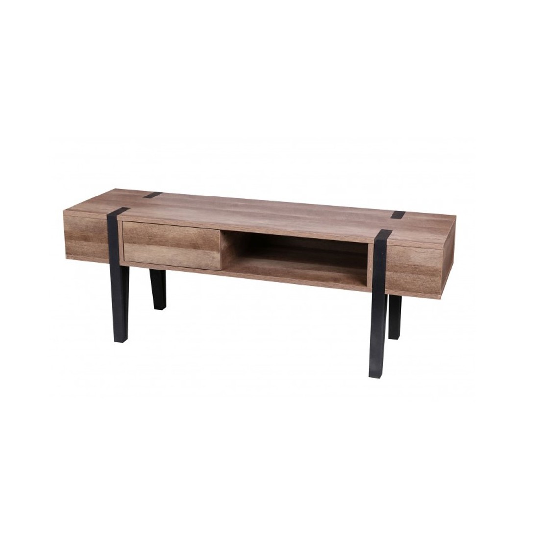 Meuble TV LOVY – Bois avec Pieds en Métal Noir, 1 Tiroir et 1 Niche