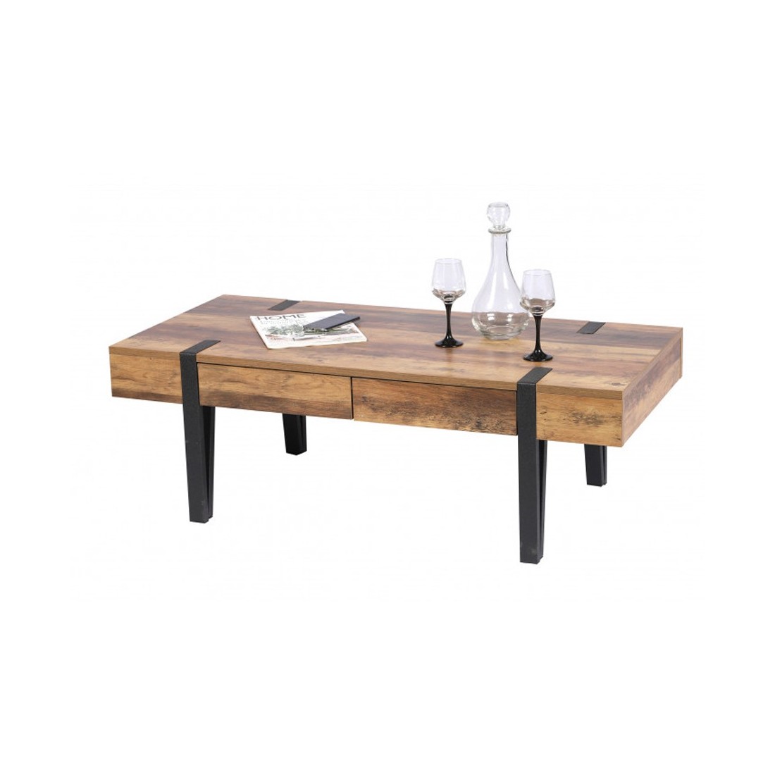 Table Basse LOVY – Bois avec Pieds en Métal, 2 Tiroirs