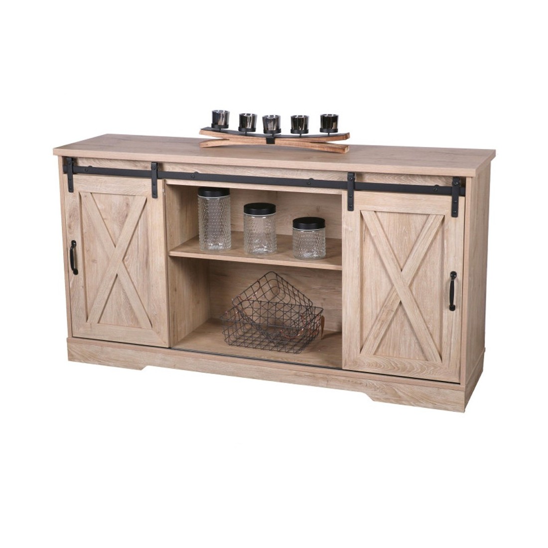 Buffet WAYNE – Chêne Clair avec 2 Portes Coulissantes et 2 Niches