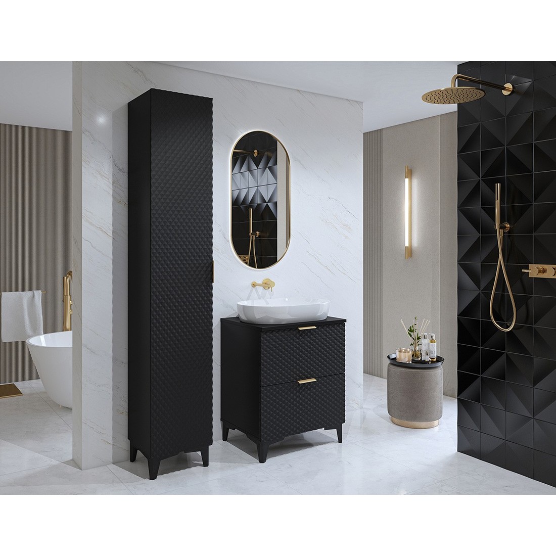 Set van 2 badkamermeubels uit de CHIC collectie in zwart en goud. Meubel onder wastafel