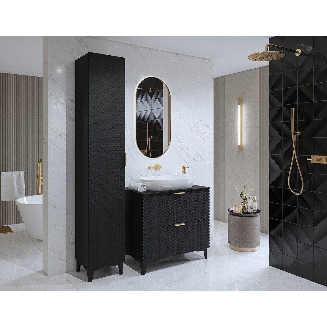 Conjunto de 2 muebles de baño colección CHIC color negro y dorado.