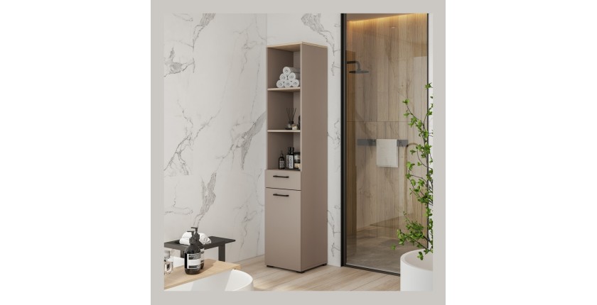 Hoge opbergmeubel collectie WASHING – 1 lade, 1 deur en 1 mand – Taupe en eiken