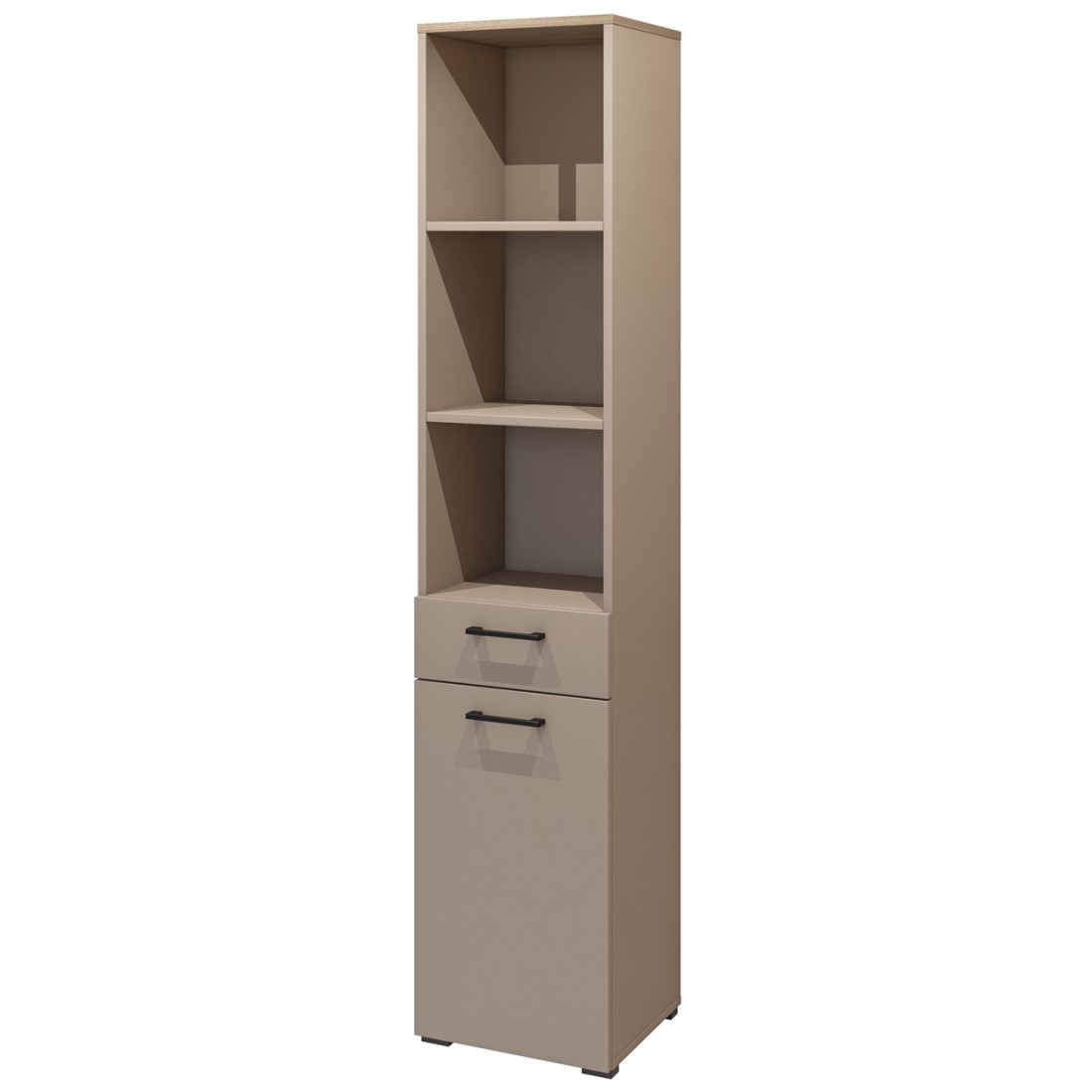 Hoge opbergmeubel collectie WASHING – 1 lade, 1 deur en 1 mand – Taupe en eiken