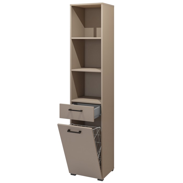 Mobile da bagno collezione WASHING - 1 cassetto, 1 porta e 1 cestino - Taupe e rovere