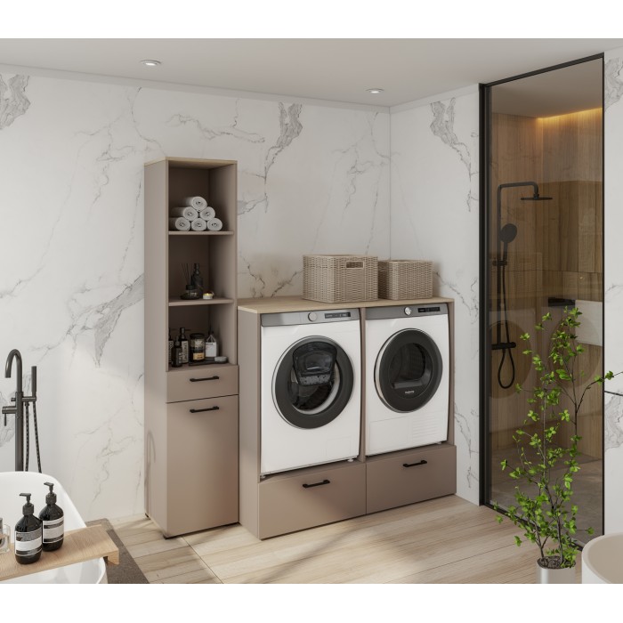 Mueble de almacenamiento para lavadora y secadora colección WASHING – 2 cajones – Topo y roble