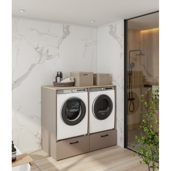 Mueble de almacenamiento para lavadora y secadora colección WASHING – 2 cajones – Topo y roble
